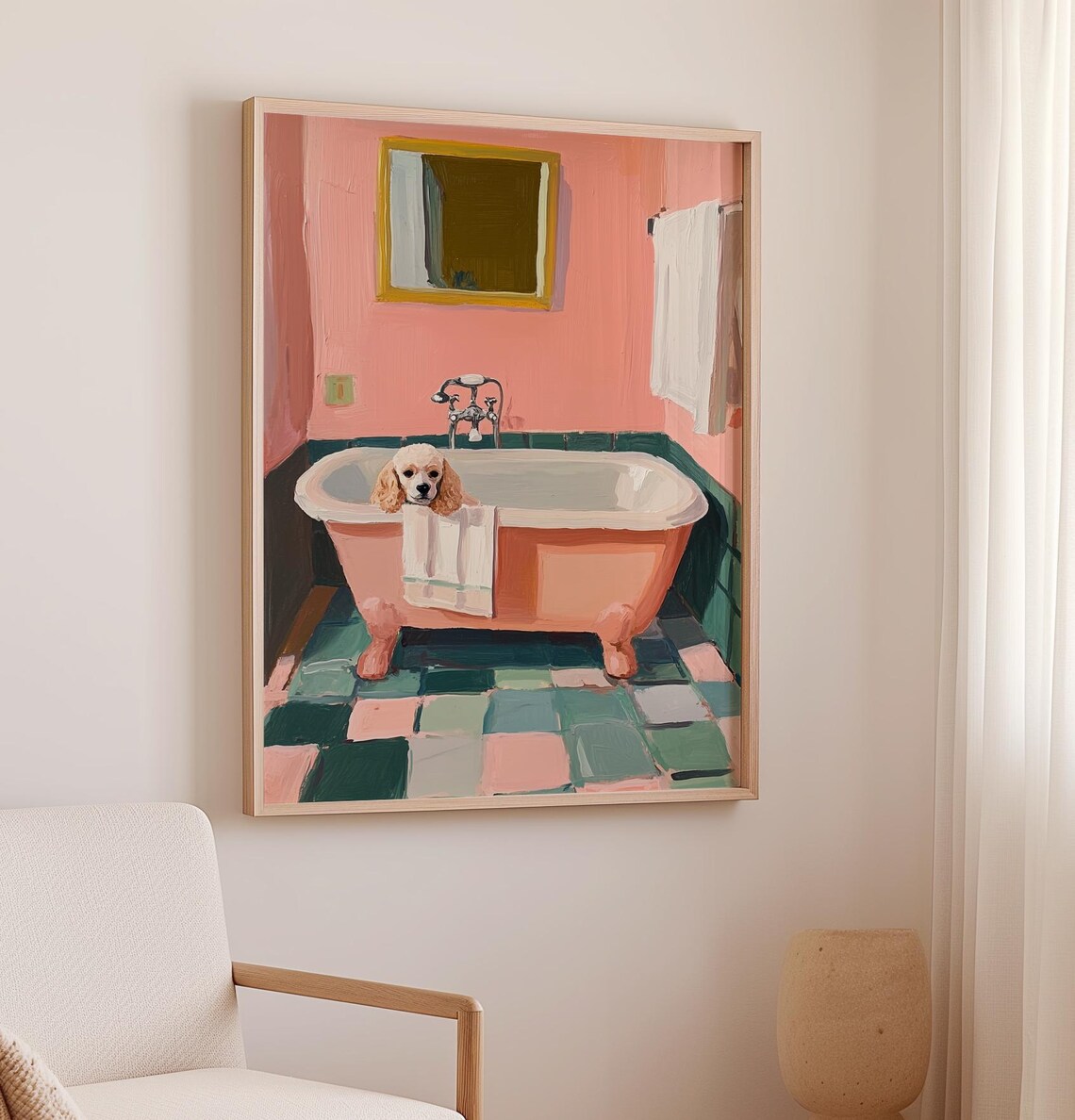 Toy Poodle in Bathtub, Pink Bathroom Dog Art Print - Image 3