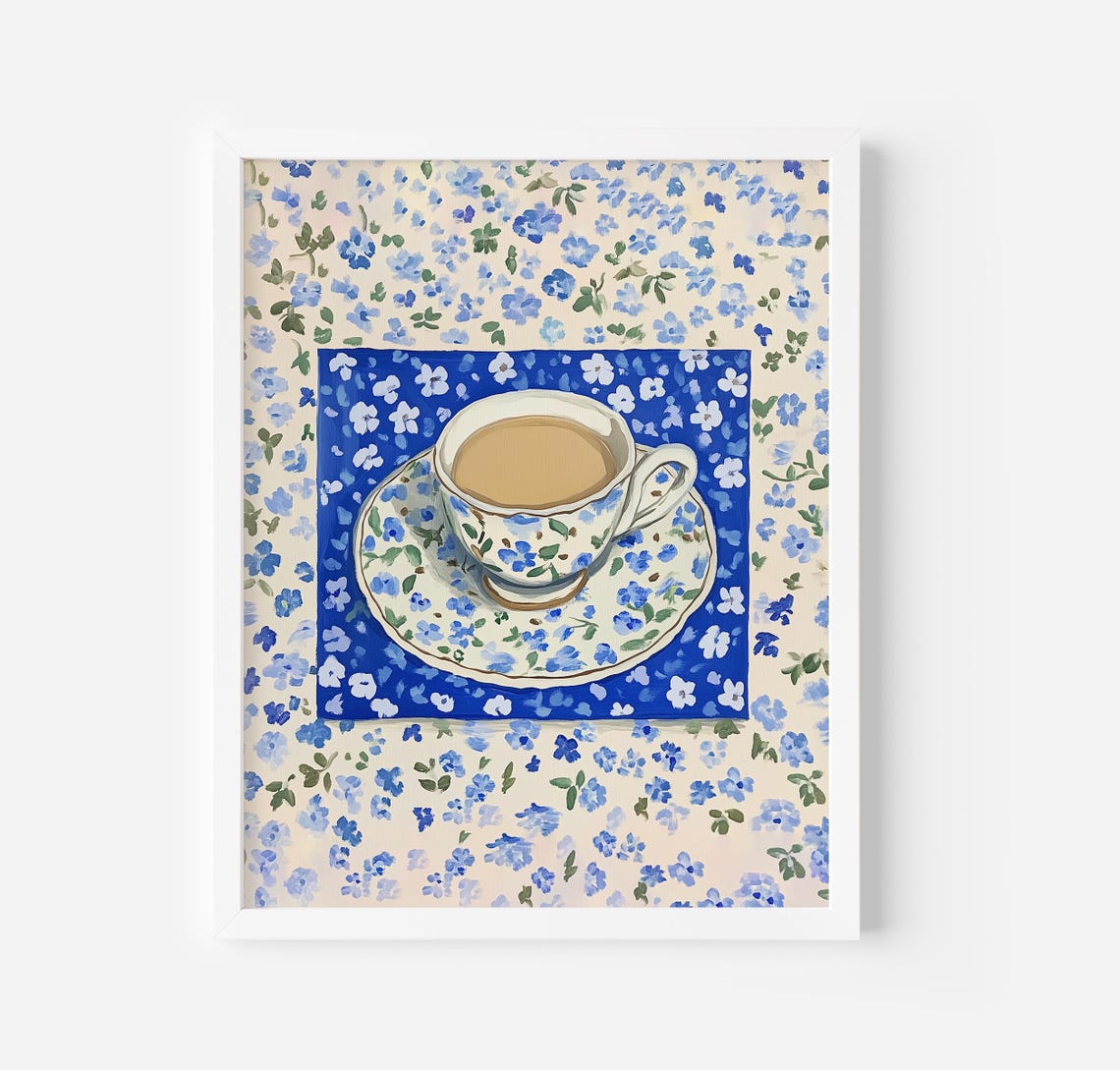 Floral Teacup on Blue Floral Tablecloth Top Down Tea Lover Art Poster