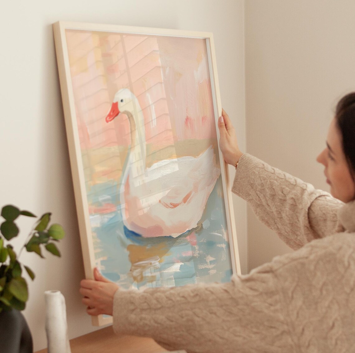 White Duck Swimming Soft Pastel Impressionist Pond Wildlife Art Poster - Image 3