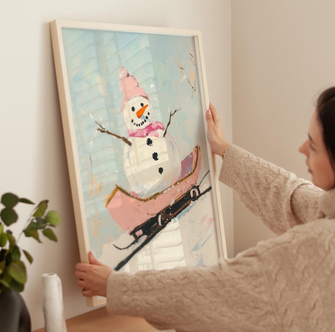 Smiling Snowman In Pink Hat Riding A Bright Pink Sleigh Poster