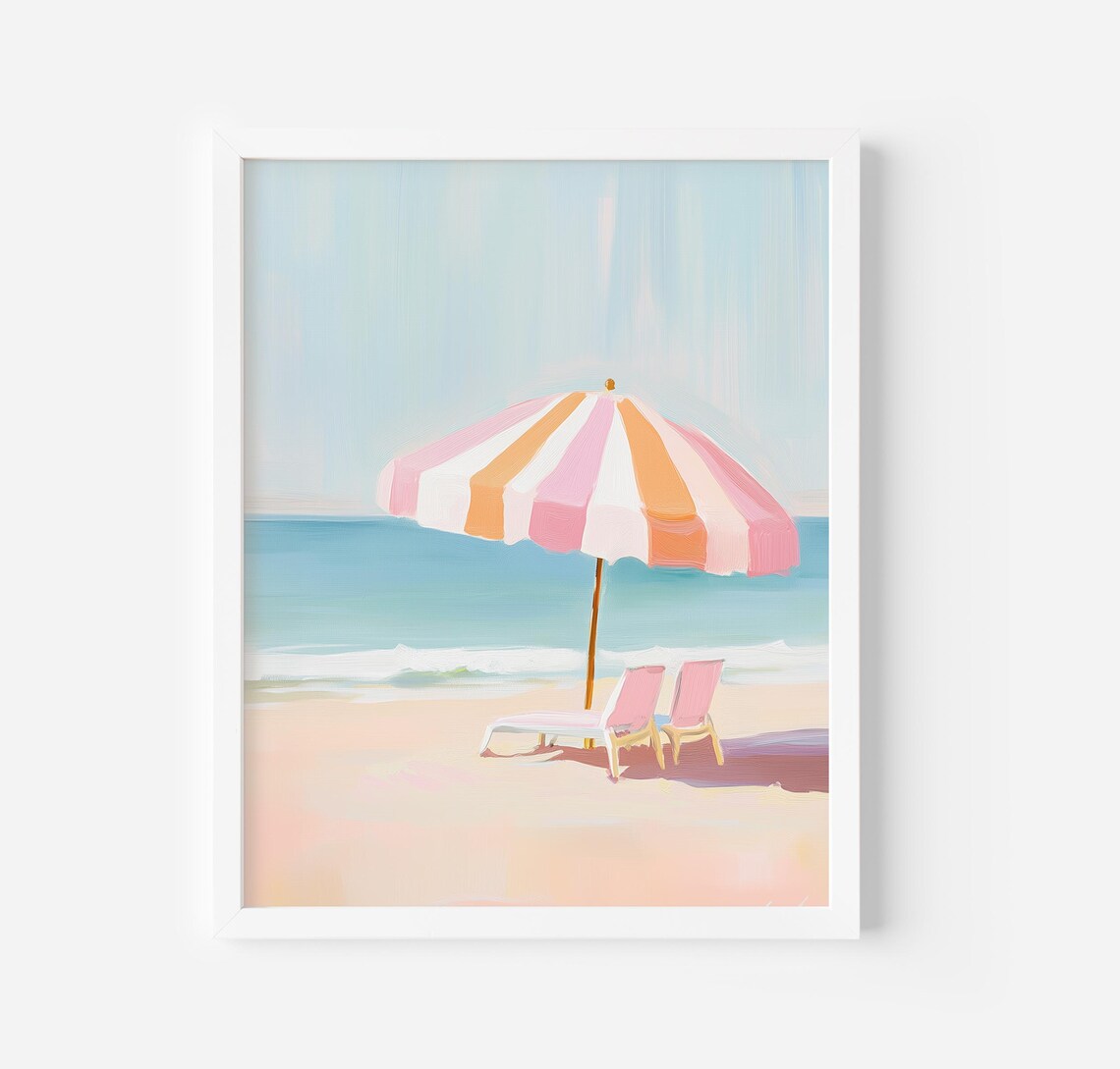 Pink Striped Beach Umbrella Art Print, French Style