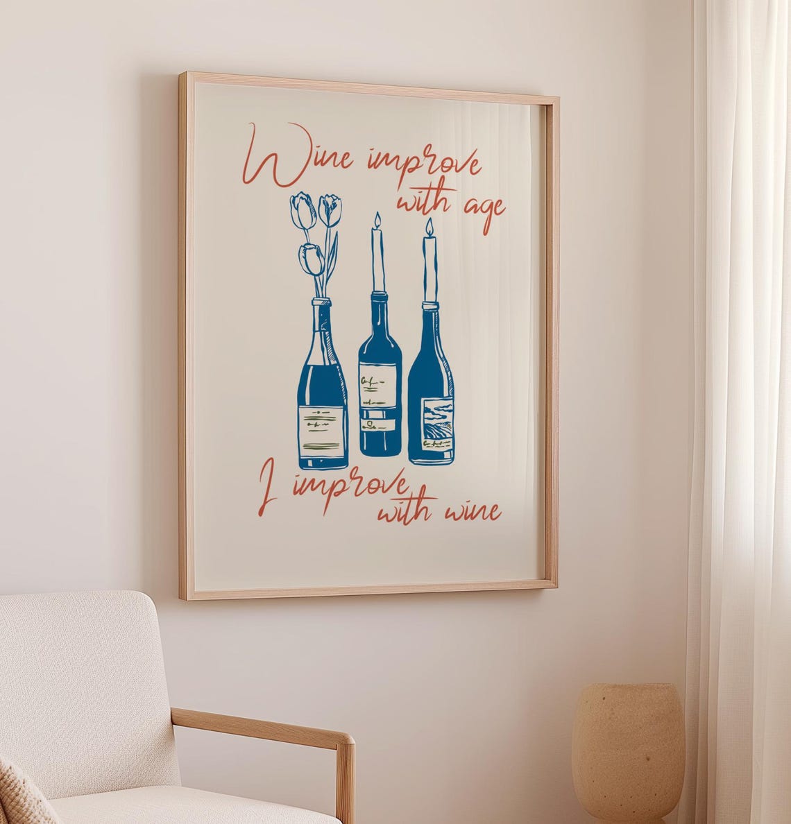 Wine Improve With Age Poster Funny Blue Wine Bottles Tulip Kitchen Art - Image 3