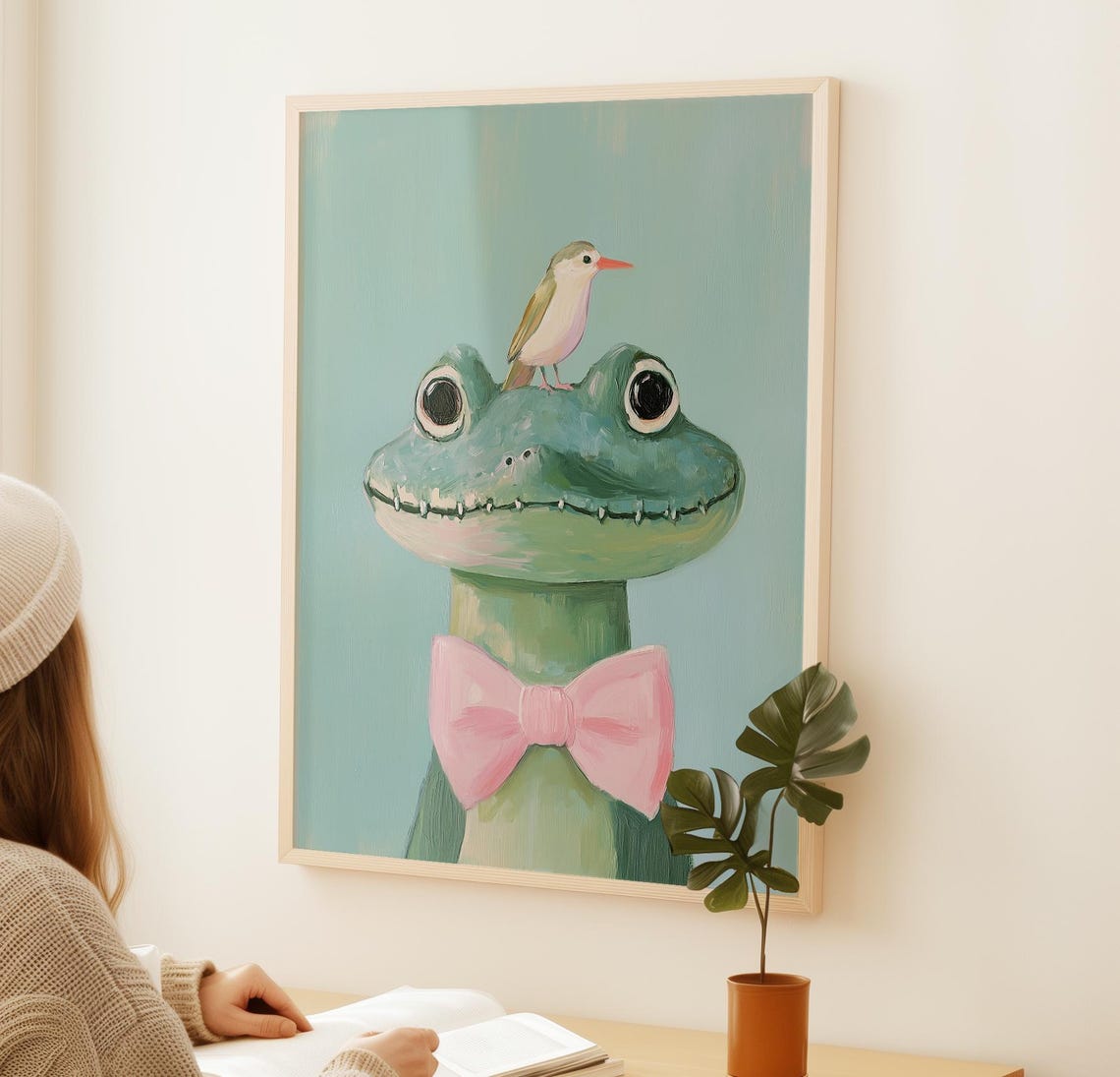 Cute Crocodile With Pink Bow Tie And Bird Nursery Art Poster - Image 2