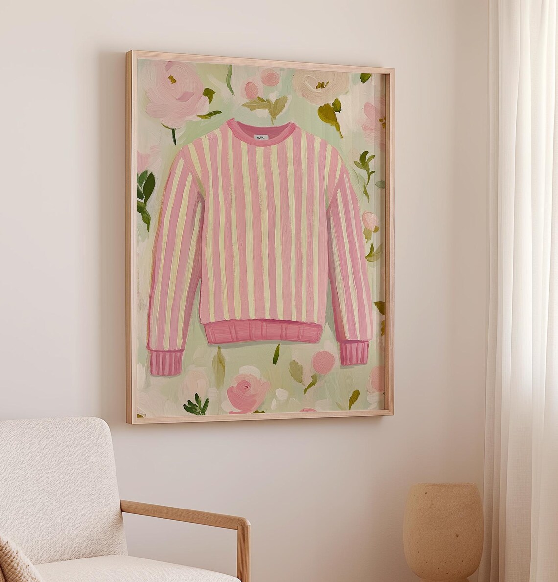Pink Striped Sweater On Floral Background Fall Fashion Art Poster - Image 2