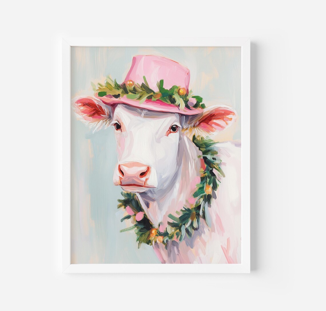 Happy Cow In Pink Floral Hat With Garden Garland Animal Poster - Image 3