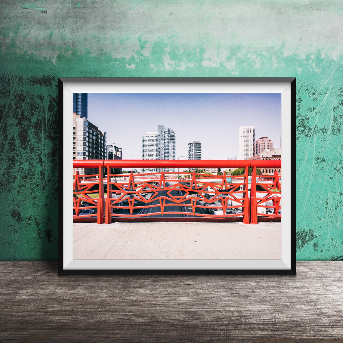 Chicago Flag Star Pattern Red Bridge Rail Skyline View Poster