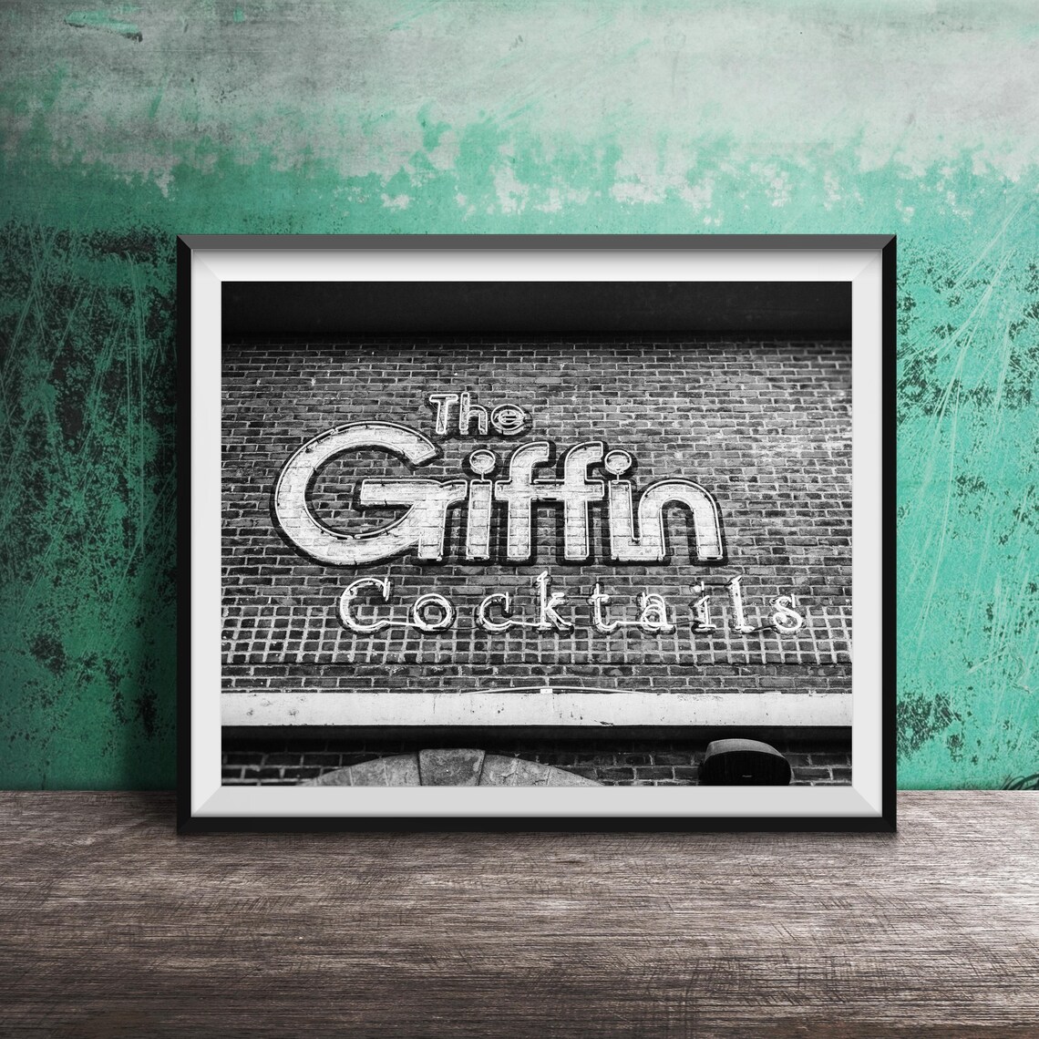 The Griffin Cocktails Painted Brick Wall Neon Bar Sign Art Poster - Image 2