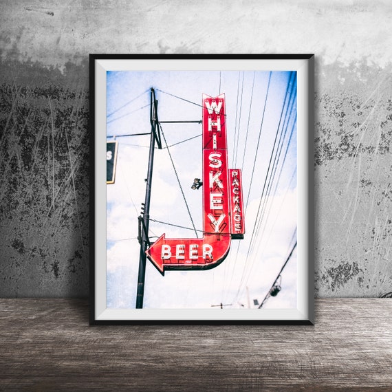 Whiskey Beer Retro Neon Sign, Mid-Century Kitchen Art Print