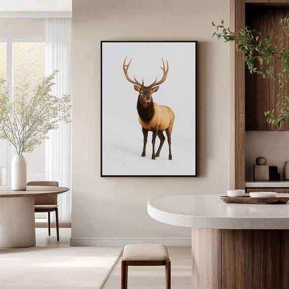 Elk Wall Art Winter Wildlife Photography Scandinavian Nature Decor Minimalist Animal Rustic Lodge