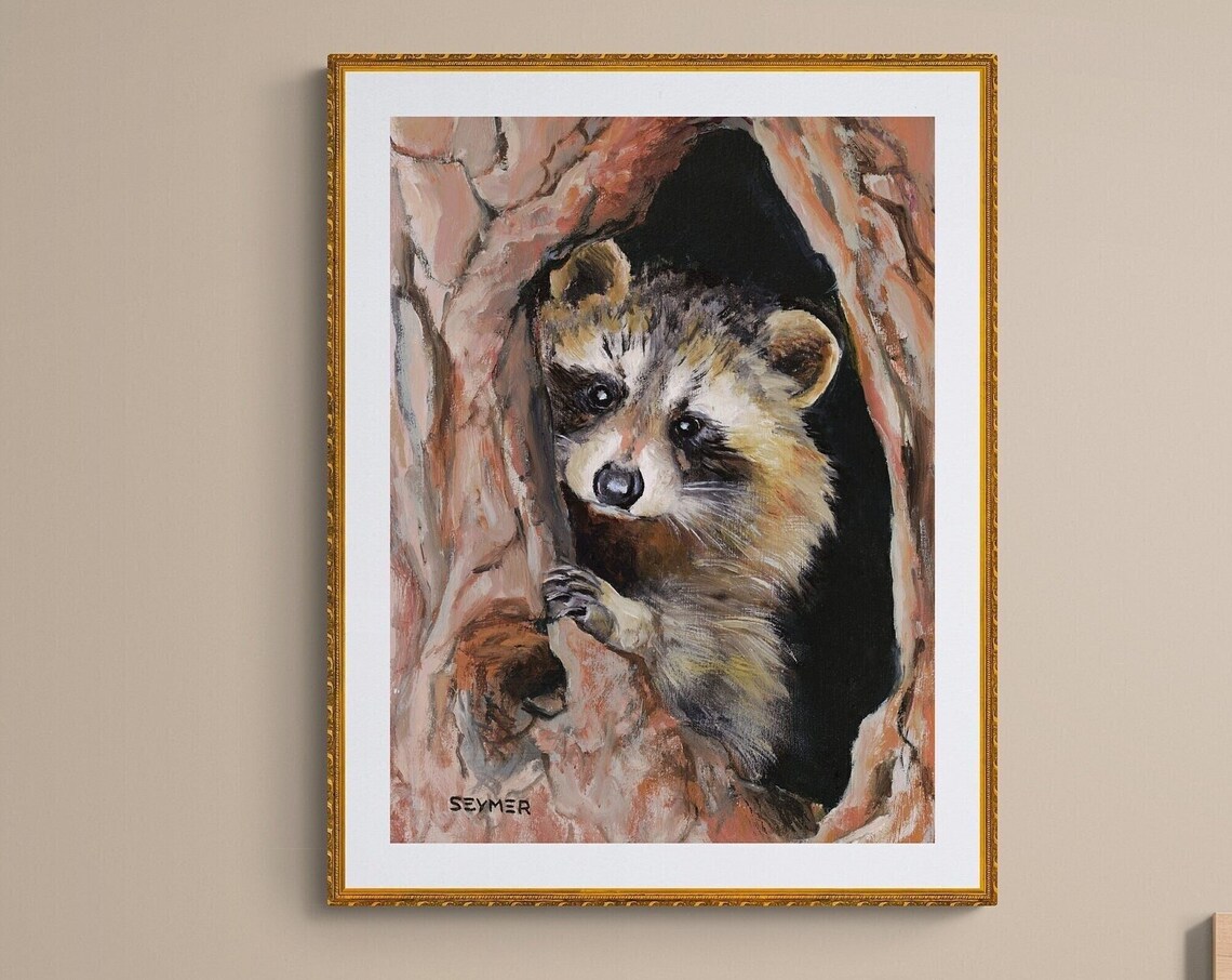 Curious Young Raccoon Peeking Out of a Hollow Tree Trunk Poster - Image 4