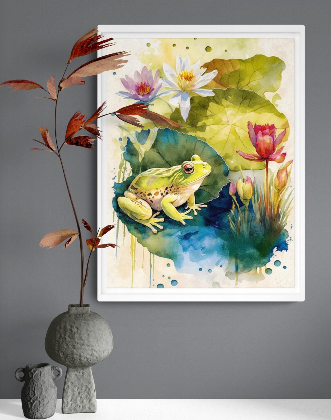 Cute Green Frog on Lily Pad With Water Lilies Watercolor Animal Art Poster - Image 5