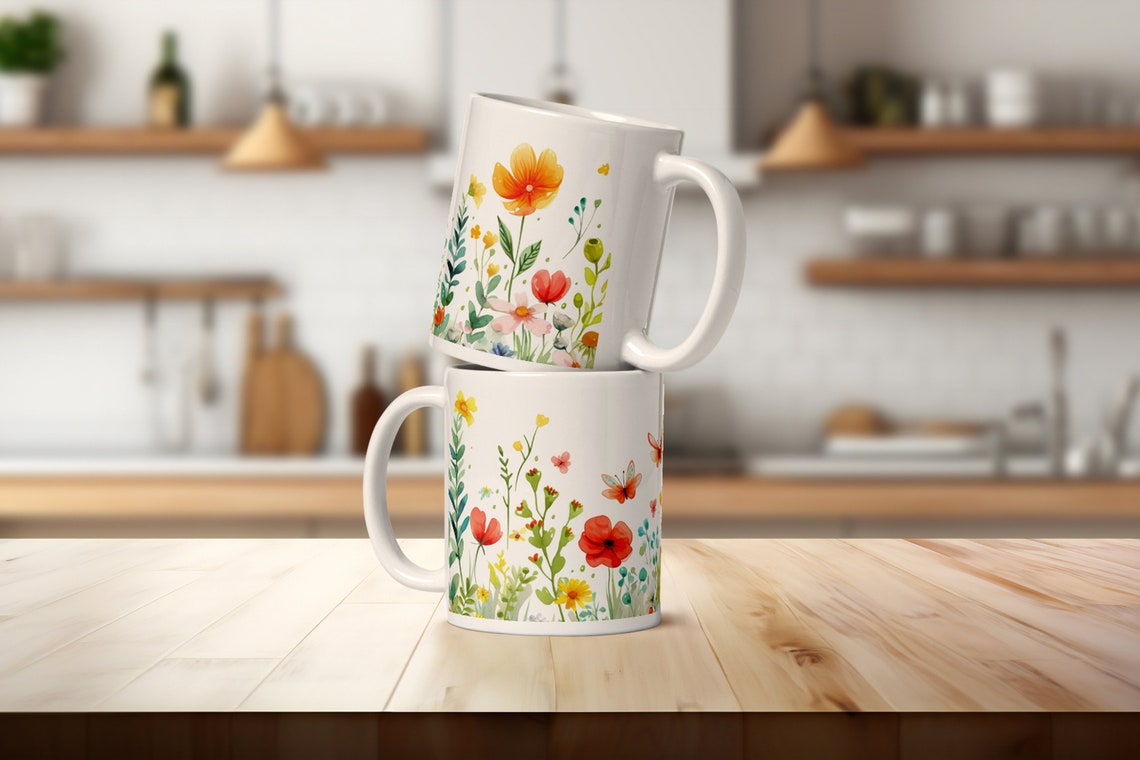 Floral Design Coffee Mug Colorful Wildflowers And Butterflies Illustration 11oz Ceramic Mug - Image 4