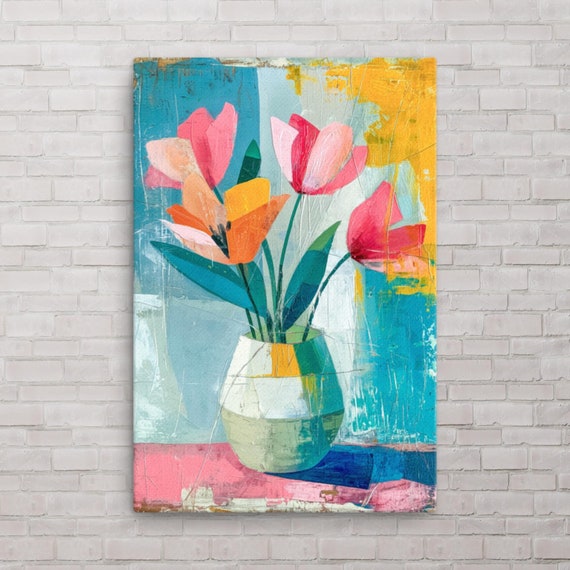 Colorful Floral Art Large Wall Decor Vibrant Flower Vase Painting Artwork For Bold Home Interiors Matte Finish Living Room Art