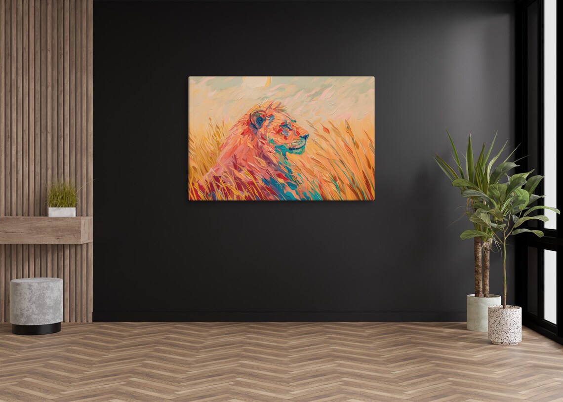 Lion in Golden Grass Impasto Oil Brushstrokes Orange and Teal Art Poster - Image 3