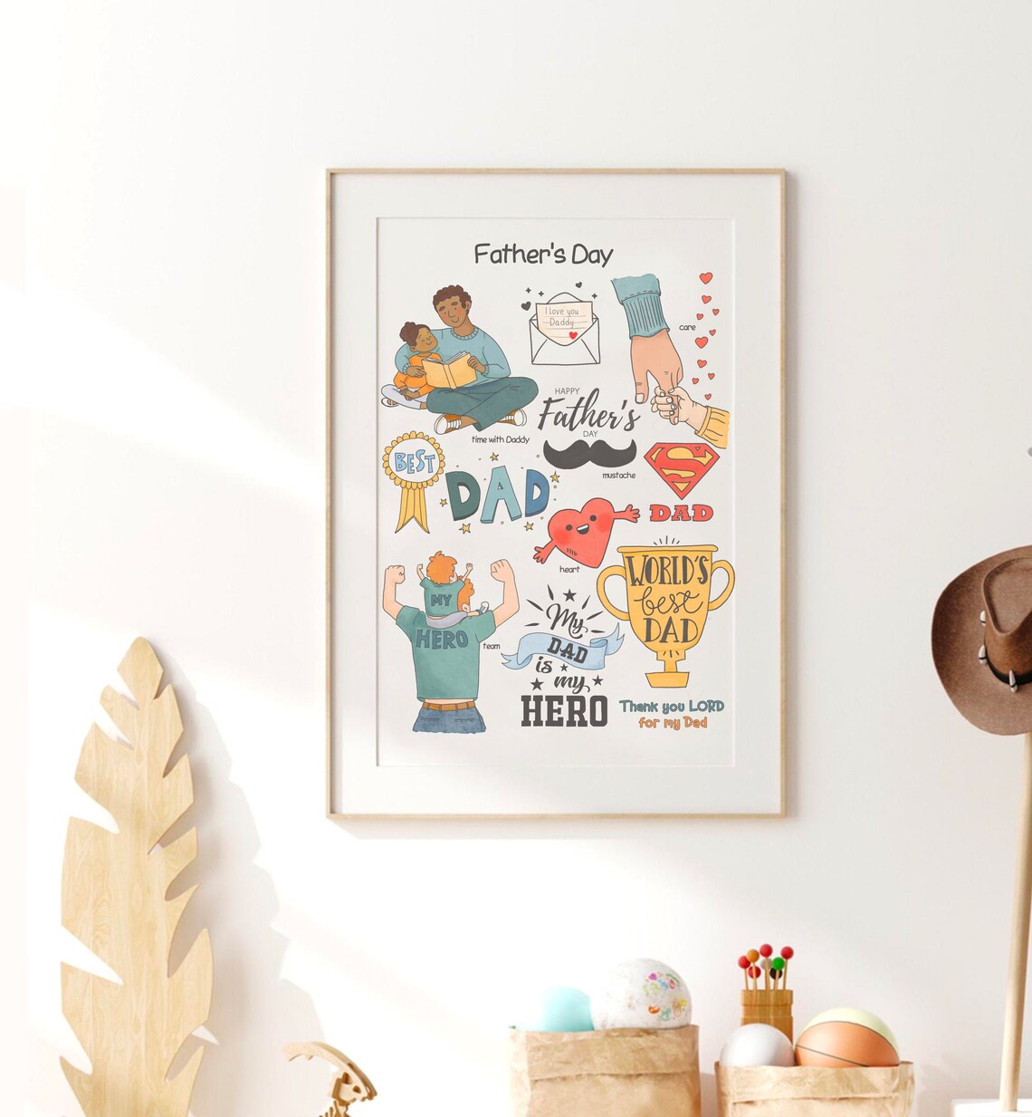 Father's Day Doodle Collage Best Dad Trophy Illustration Print - Image 3