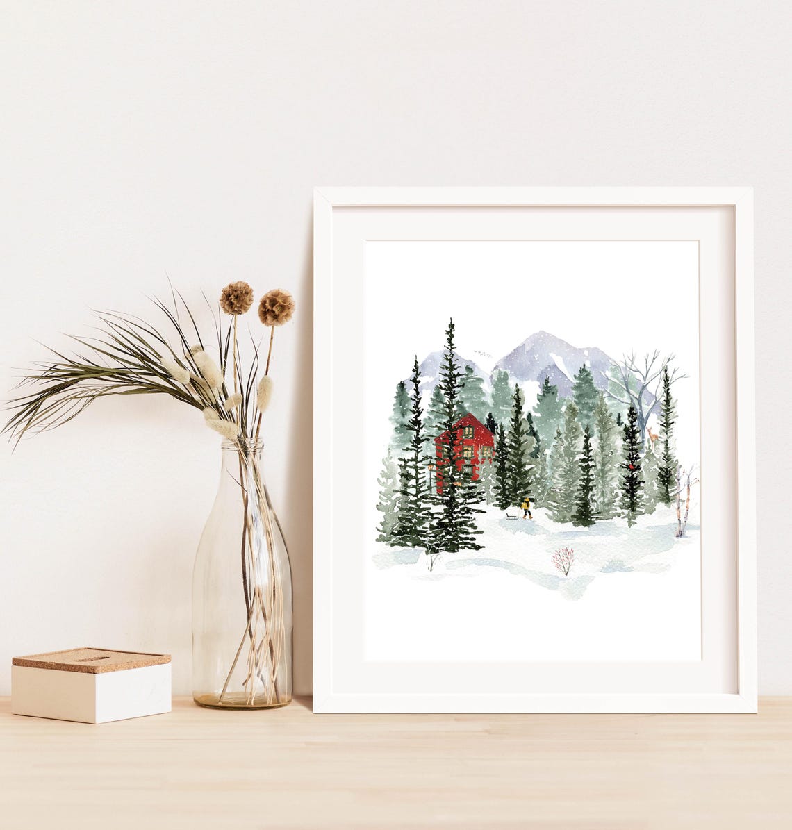 Snowy Red Cabin Watercolor Mountain Woodland Winter Landscape Poster - Image 7