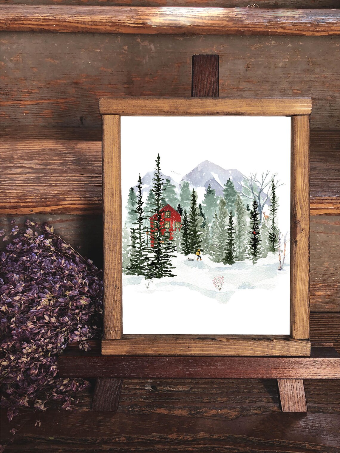 Snowy Red Cabin Watercolor Mountain Woodland Winter Landscape Poster - Image 8