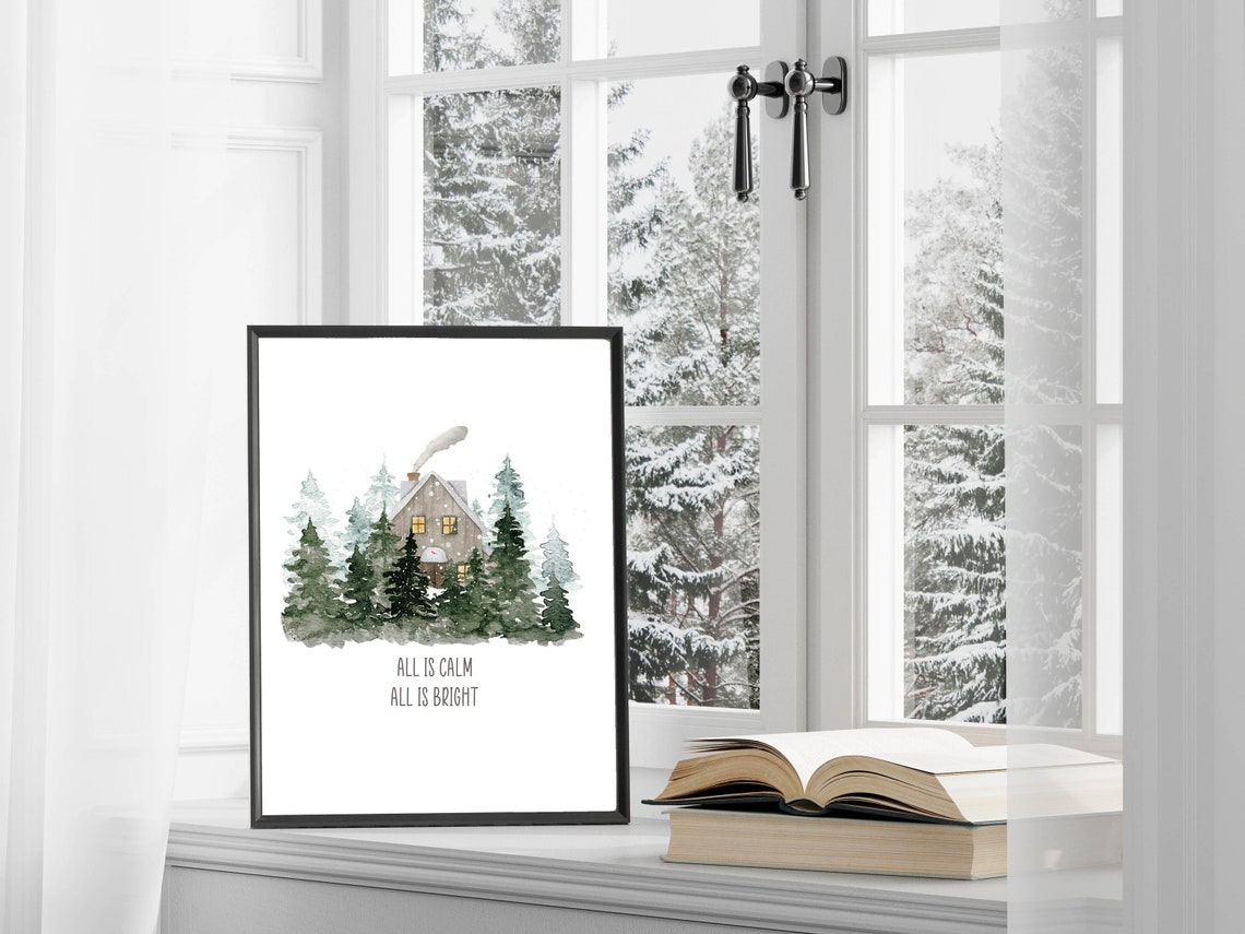 All Is Calm All Is Bright Snowy Cabin Christmas Hymn Wall Art - Image 2