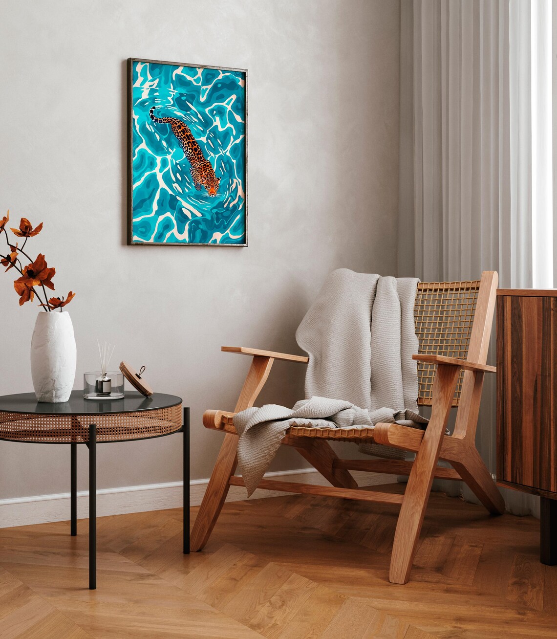 Leopard Swimming Turquoise Pool Bold Tropical Wildlife Poster - Image 3
