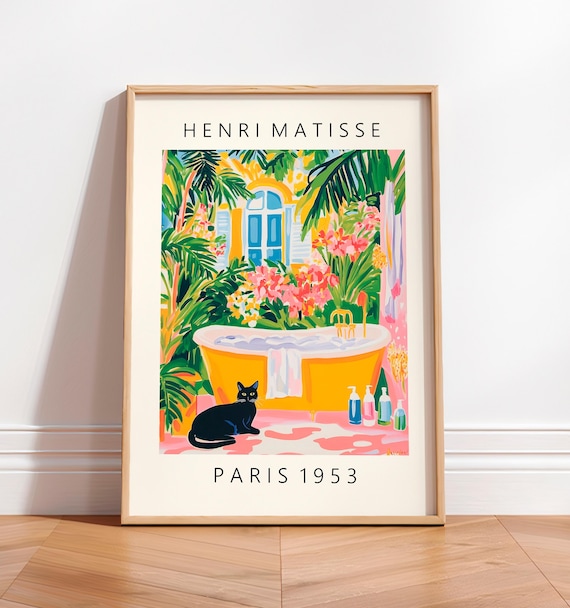 Black Cat Painting, Matisse-Inspired Bathroom Art Print