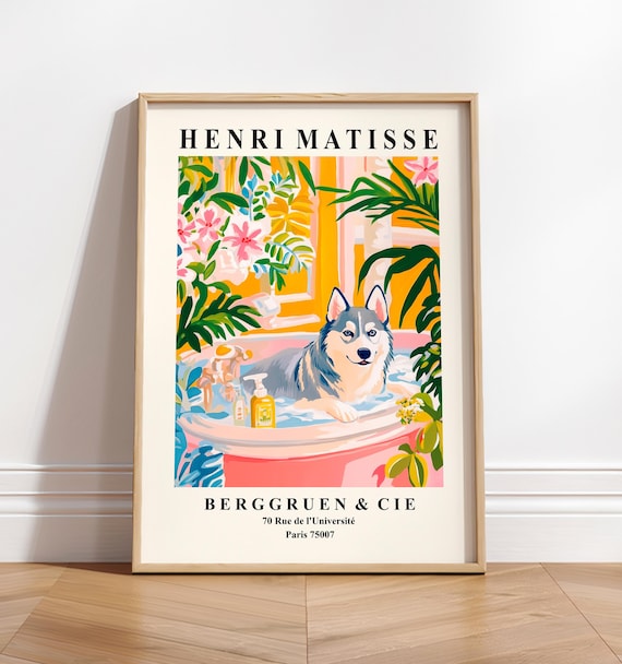 Henri Matisse Style Husky Dog Bathing in Pink Bathtub Bathroom Poster
