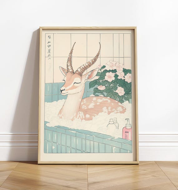 Gazelle In Bathtub Ukiyoe Print Funny Animal Bathroom Wall Art