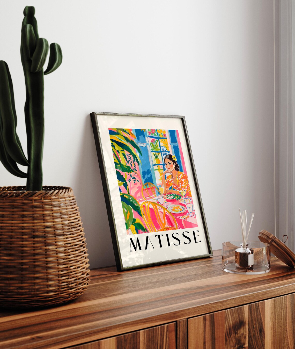 Matisse Style Woman Dining at Pink Cafe Table Floral Dress Art Poster - Image 3