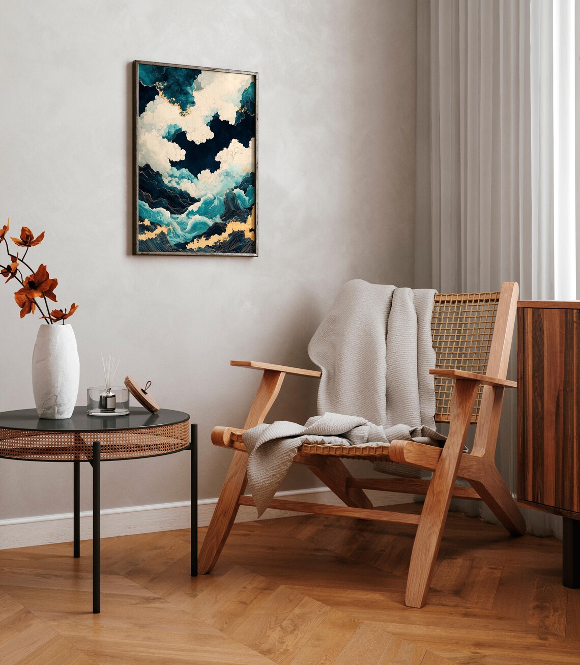 Japanese Style Abstract Ocean Waves with Gold Accents Wall Poster - Image 2