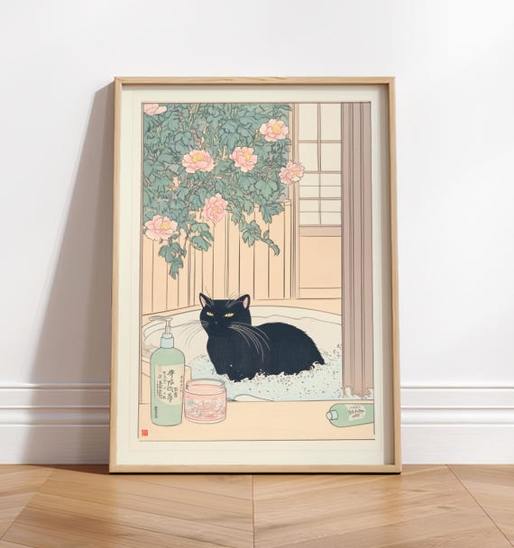 Japanese Black Cat in Bathtub, Ukiyo-e Bathroom Print