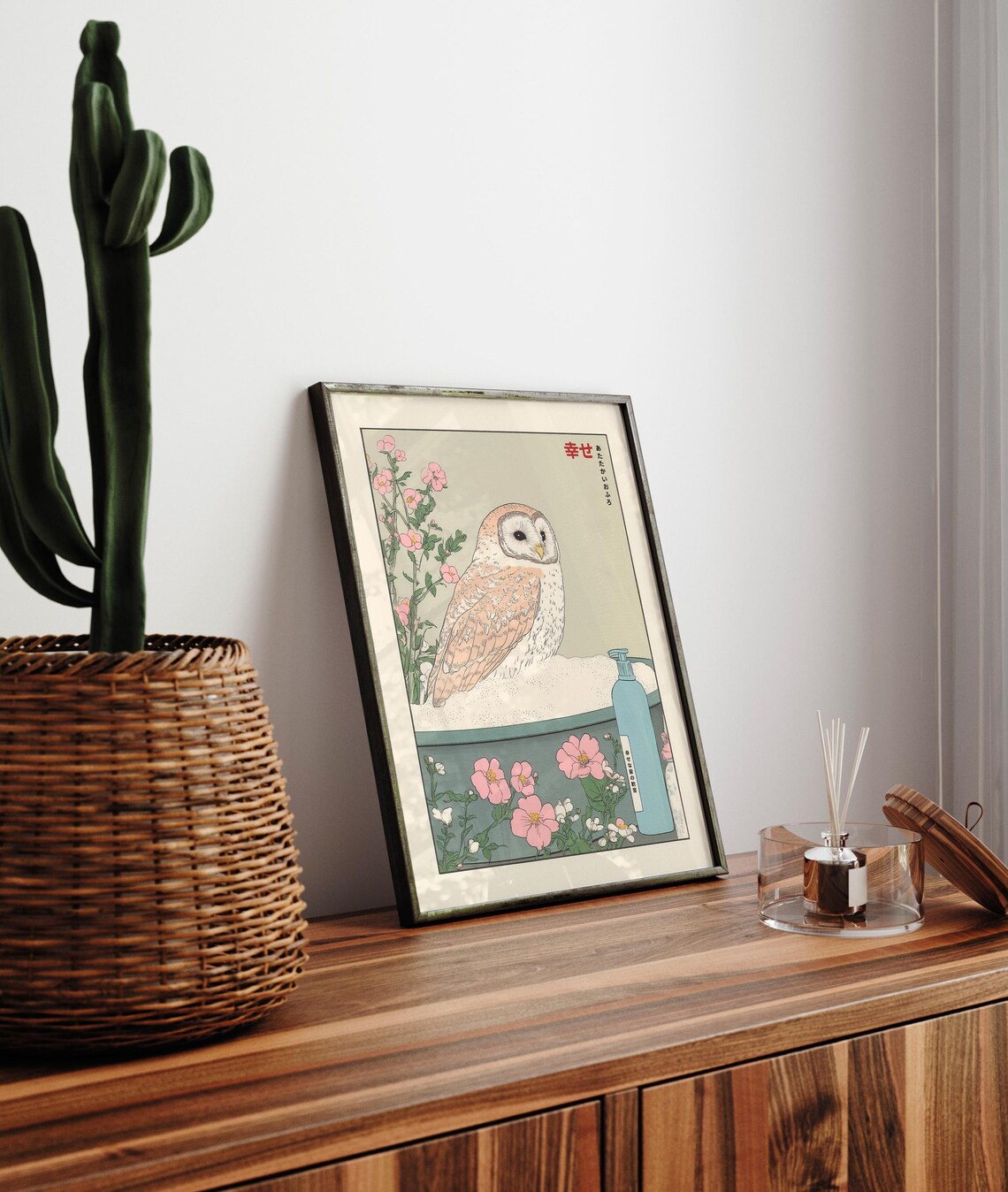 Owl in Bathtub Japandi Bathroom Decor Art Print - Image 3