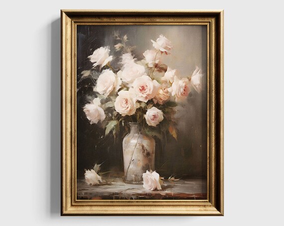 Coquette Room Decor Moody Flower Painting Muted Roses Still Life Art Print Floral Wall Art