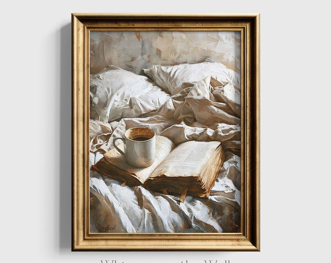 Coffee In Bed Art Print, Neutral Moody Bookish Decor