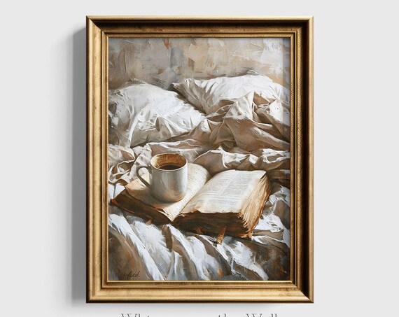 Coffee In Bed Art Print, Neutral Moody Bookish Decor