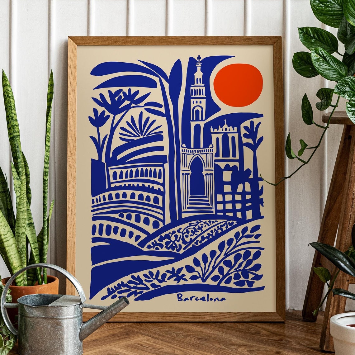 Barcelona Blue Indigo Architecture Red Sun Abstract Art Poster