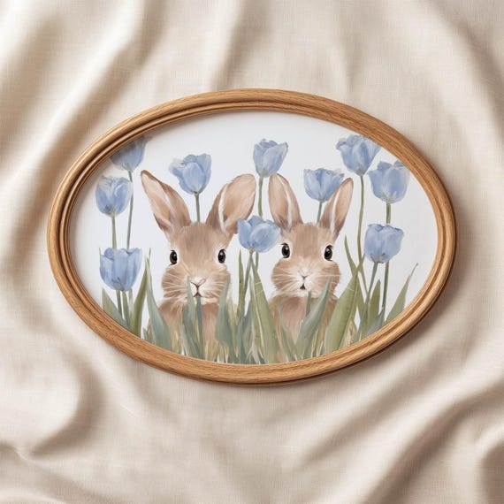 Baby Rabbits In Spring Tulips Printable Soft Pastel Wall Art Cottagecore Nursery Decor Cute Animal Green And Blue Download 0254