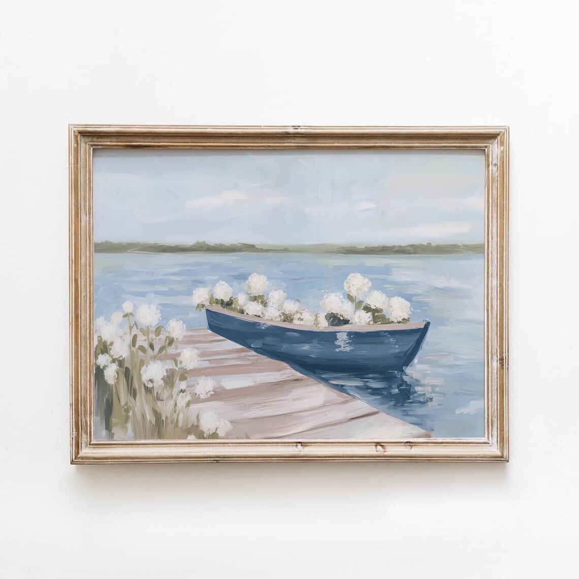 Soft Blue Rowboat With White Hydrangeas Art Print
