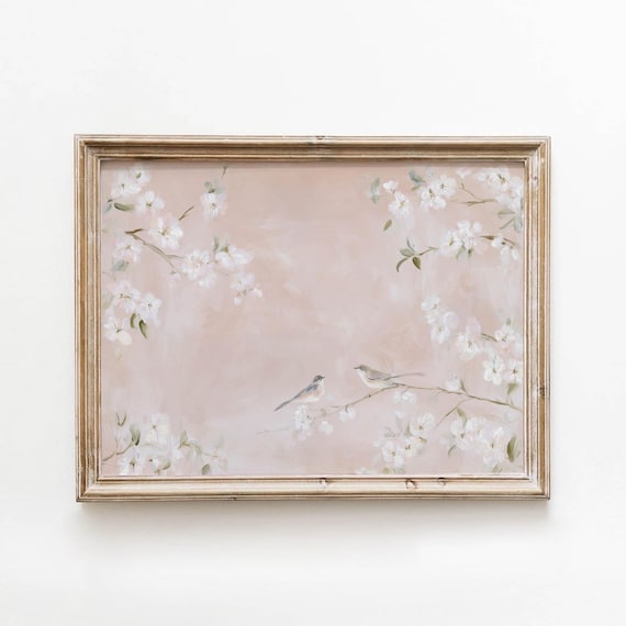 Printable Cherry Blossom Birds Painting Soft Pink Spring Wall Art Romantic Floral Decor Cottage Bedroom Vintage Botanical Print 675
