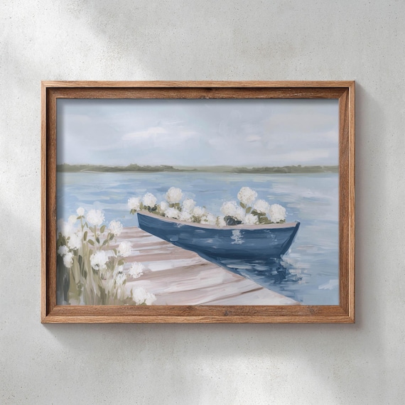 Printed Romantic Coastal Rowboat Hydrangea Lake Pier Wall Art Blue Summer Cottage Decor Serene Landscape Poster P642
