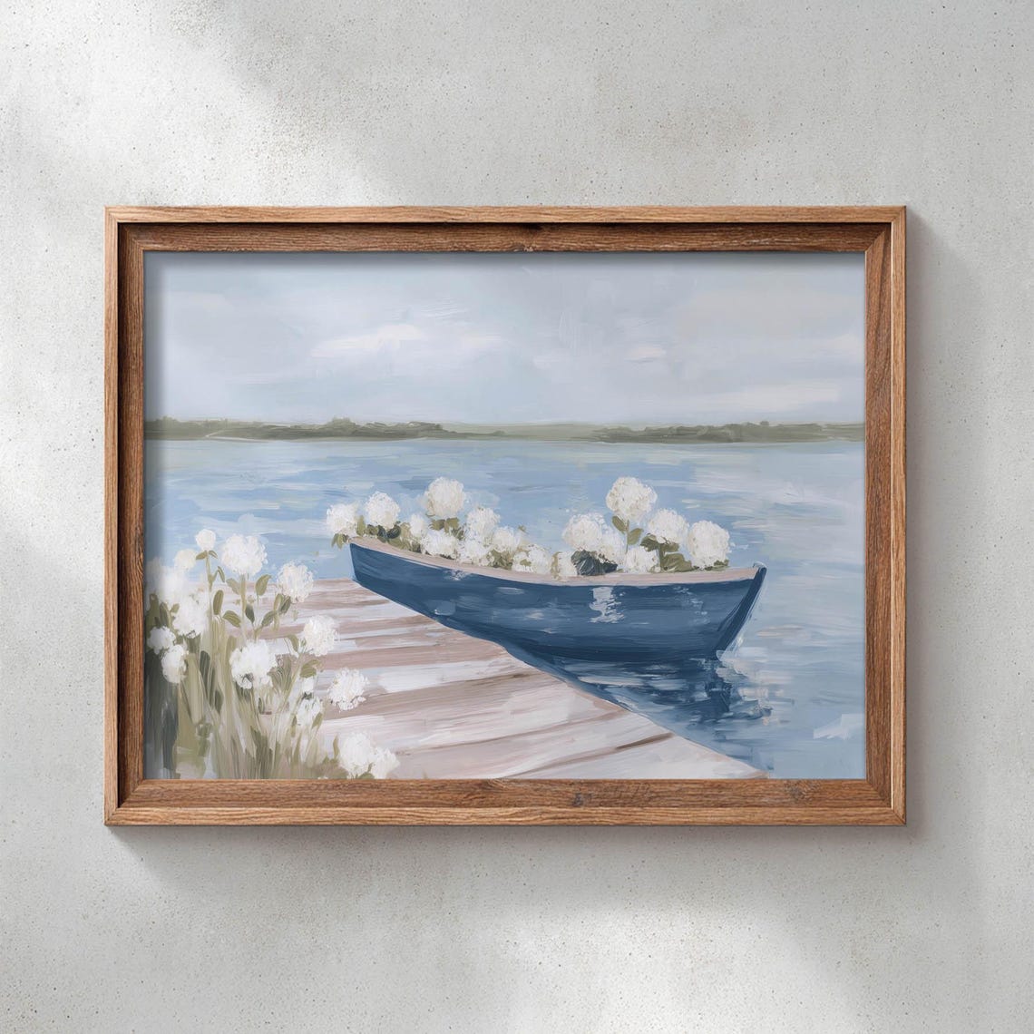 Blue Rowboat Full Of White Hydrangeas Lake Dock Summer Art Poster