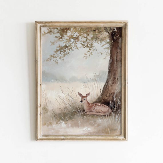 Vintage Spotted Fawn Print Muted Neutral Nursery Wall Art Cottagecore Meadow Decor Digital Download 616