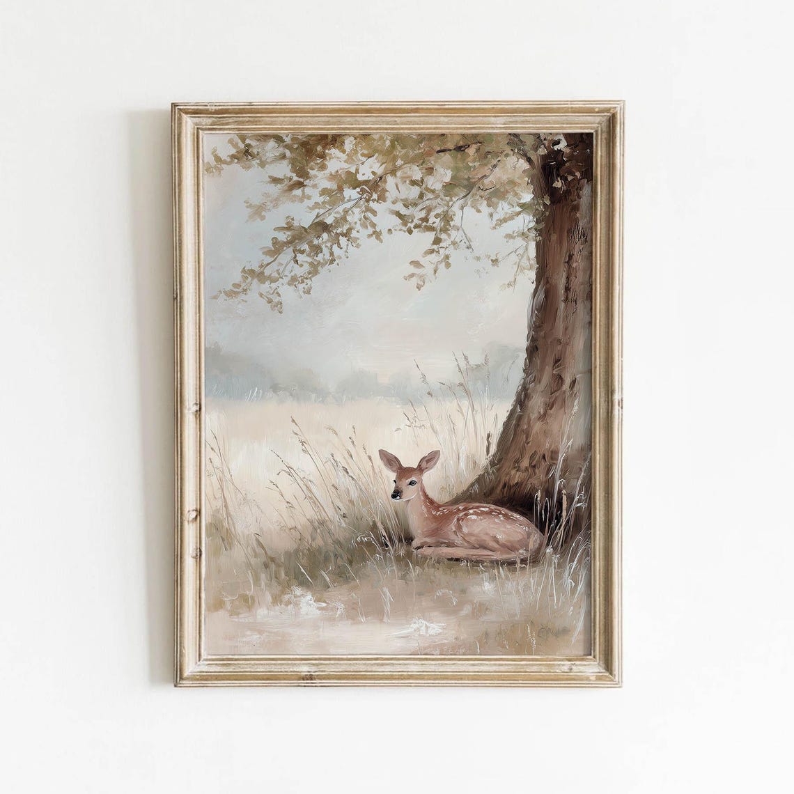 Sleeping Fawn Under Tree Meadow Muted Vintage Nursery Wall Art