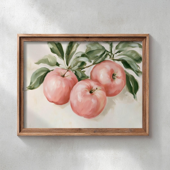 Printed Pink Apples On Branch Vintage Still Life Art Poster Cottagecore Kitchen Wall Decor Rustic Farmhouse Print Cream Botanical P760