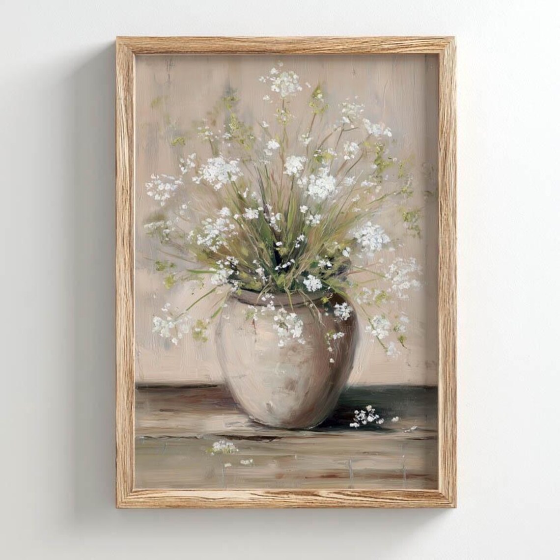 White Wildflowers in Rustic Vase, Neutral Still Life Art Print