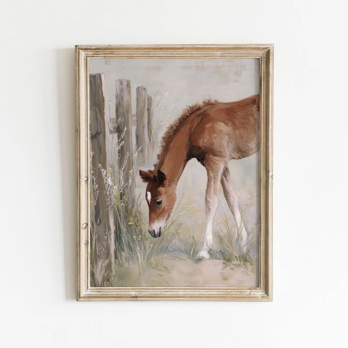 Chestnut Foal Grazing by Fence Vintage Horse Oil Painting Poster