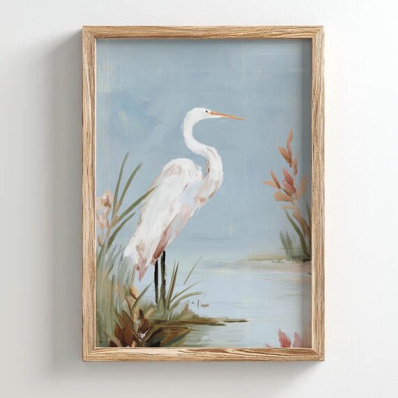 White Egret Standing In Marsh Muted Coastal Watercolor Bird Poster