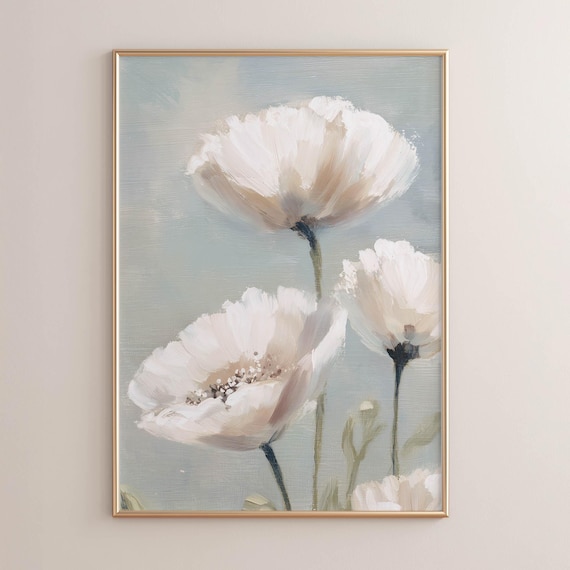 Printed White Poppy Flowers Muted Bluegray Background Sage Green Stems Soft Botanical Art Cottage Wall Decor Neutral Poster Print 0495