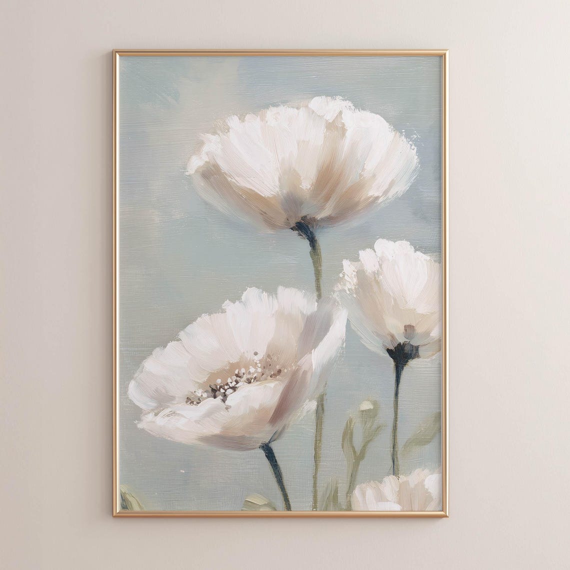White Poppy Flowers Blue Gray Botanical Painting Serene Wall Art