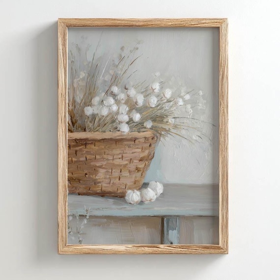 Dried Cotton Stems Woven Basket Rustic Cottagecore Botanical Poster
