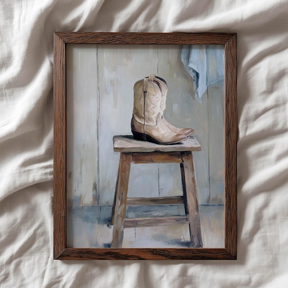 Printed Tan Cowboy Boot On Rustic Wooden Stool Cream Beige Dusty Blue Muted Western Still Life Vintage Country Wall Art Poster 0628