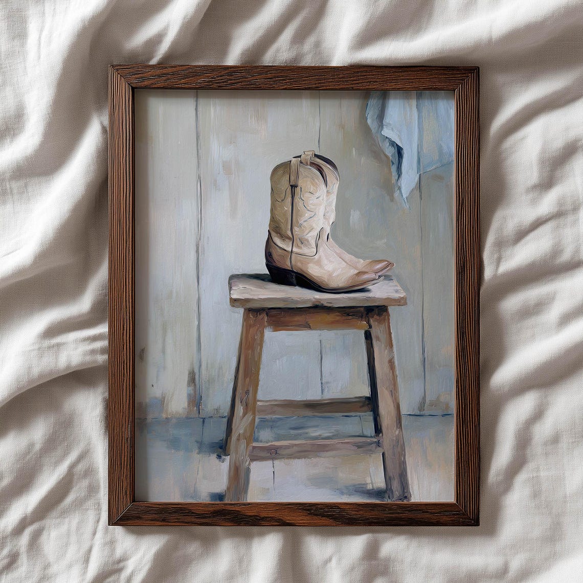 Tan Cowboy Boot On Wooden Stool Muted Western Rustic Painting Poster